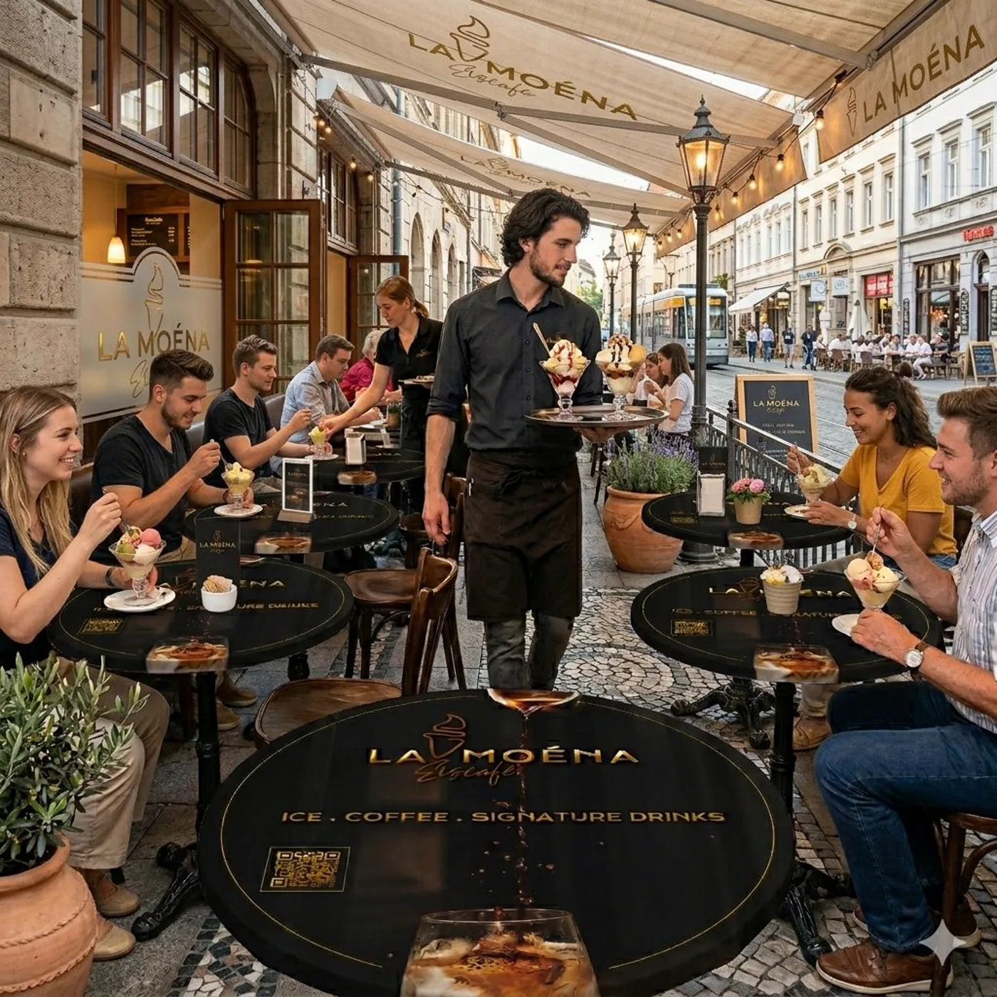 Lebendige Terrasse des La Moéna Eiscafés